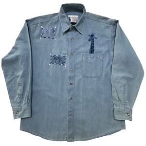 VTG 90s Safari Embroidered Denim Shirt Mens M Blue Giraffe Novelty Shacket